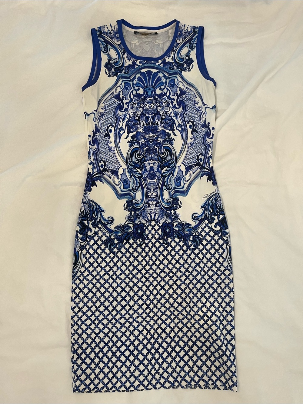 Roberto Cavalli White Dress with Royal Blue Baroque Print